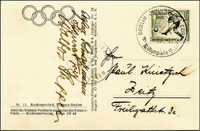 (1909-1974) Originalautogramm auf vom 3-fachen Goldmedaillengewinner bei den Olympischen Spielen 1936 im Turnen Konrad Frey (GER) auf einer Postkarte aus dem Olympischen Dorf mit Sonderstempel und Sondermarke. Auerdem noch zwei weitere Signaturen von deut