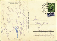 Original handgeschriebene Grupostkarte von Albert Sing vom Lnderspiel Deutschland - Norwegen am 16.11.1955 in Karlsruhe. Mit 16 Originalsignaturen der deutschen Spieler. 14x10 cm.<br>-- Schtzpreis: 90,00  --