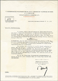 Korrespondenz ber die Bestellung von Eintrittskarten fr die Olympischen Winterspiele Garmisch-Partenkirchen 1940, 30x21 cm.<br>-- Schtzpreis: 50,00  --