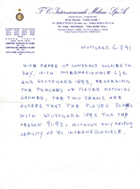 Orignal handgeschriebener Brief auf offizellen Briefpapier von Inter Mailand, vermutlich von Prsidenten von Inter Mailand ber die Verkaufsverhandlungen von Matthias Sammer von 6.7.1991, der besagt, dass Sammer noch die Saison 91/92 fr Stuttgarter spiele