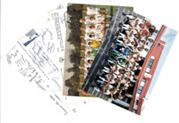 7 verschiedene Postkarten und Mannschaftsfotos von adidas von 1977 bis 1999 mit Unterschriften der Spieler des VfB Stuttgart.